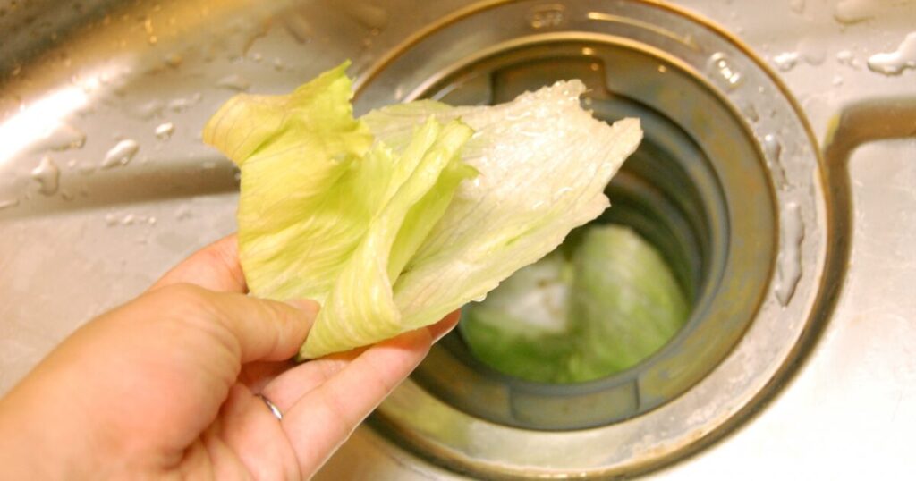 シンクの排水口に捨てるレタスの葉の食品廃棄物