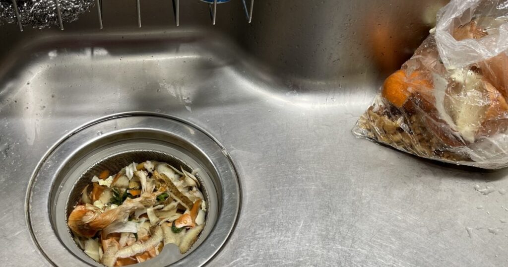 シンクの排水口に集められた野菜くずや果物の皮の生ごみ